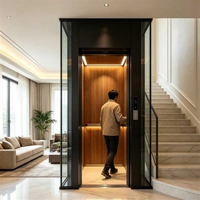 Home Elevator For Small Private Villas With Two, Three, Four, Or Five Floors, Simple Interior And Exterior Lighting, And Attic Home Electric Elevator.